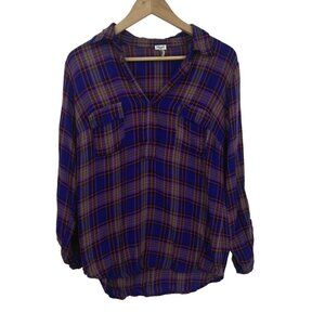 Splendid Plaid Popover Collar Roll Tab Sleeve Shirt Blouse Size M Blue Red Rayon
